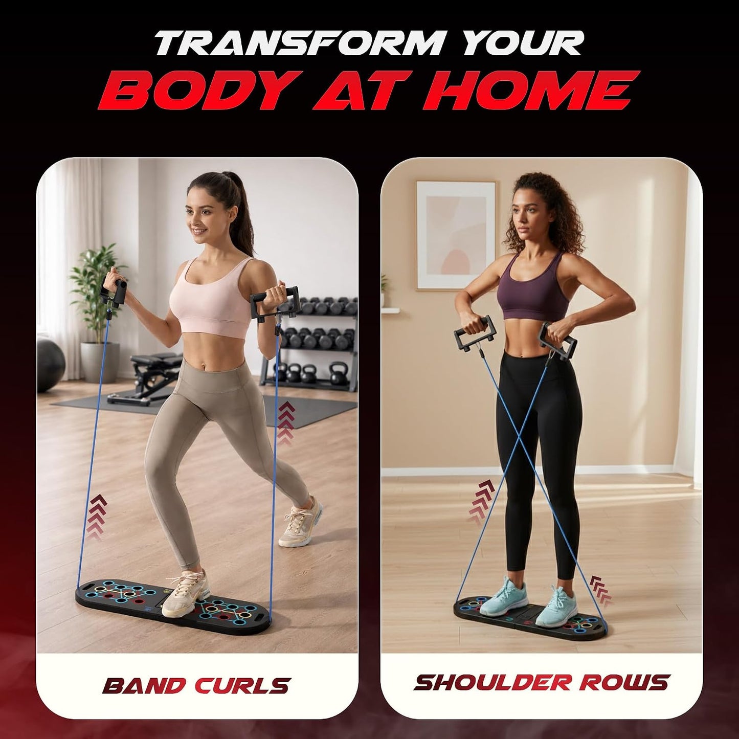 Tabla de Push Up 2 en 1 con Bandas de Resistencia – Entrenador de Core con Almohadillas de Espuma, Equipo Plegable para Gimnasio en Casa