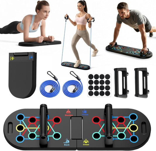 Tabla de Push Up 2 en 1 con Bandas de Resistencia – Entrenador de Core con Almohadillas de Espuma, Equipo Plegable para Gimnasio en Casa