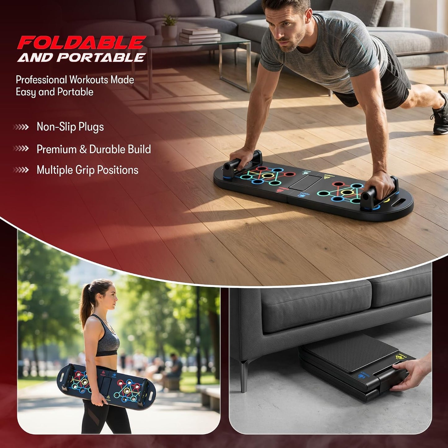 Tabla de Push Up 2 en 1 con Bandas de Resistencia – Entrenador de Core con Almohadillas de Espuma, Equipo Plegable para Gimnasio en Casa