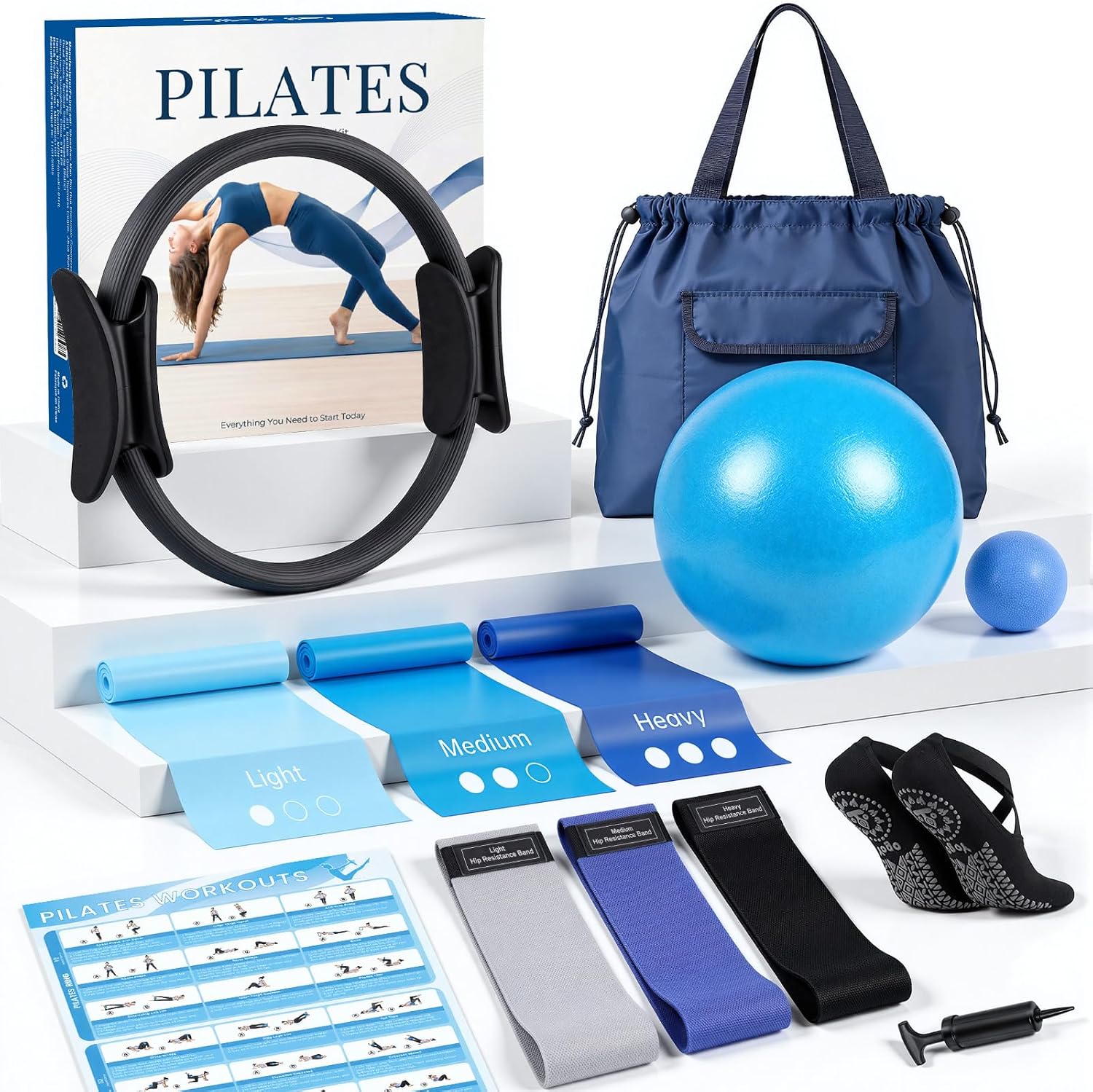 Pilates Equipment, Pilates Kit for Women Home Workouts, at Home Pilates Set with Pilates Ring, Pilates Ball, Long and Loop Resistance Bands, Pilates Socks, Massage Ball, Guide & Bag